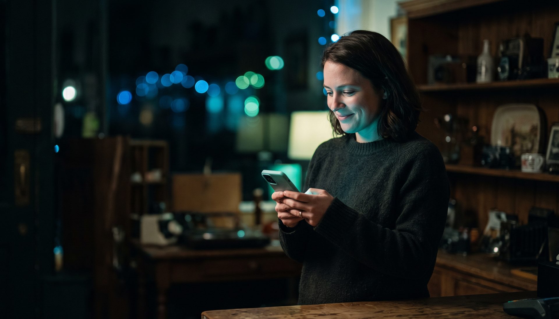 Ladeninhaberin schaut abends auf ihrem Smartphone auf die neue Website