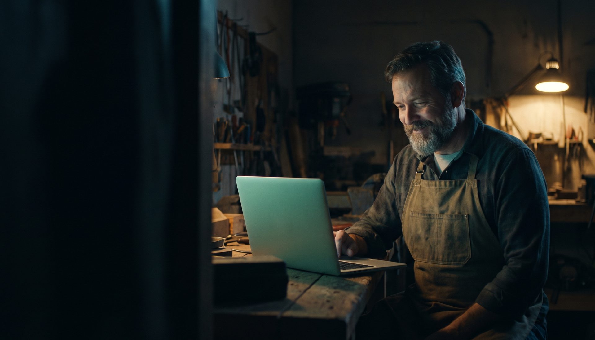 Handwerker am Abend in seiner Werkstatt am Laptop