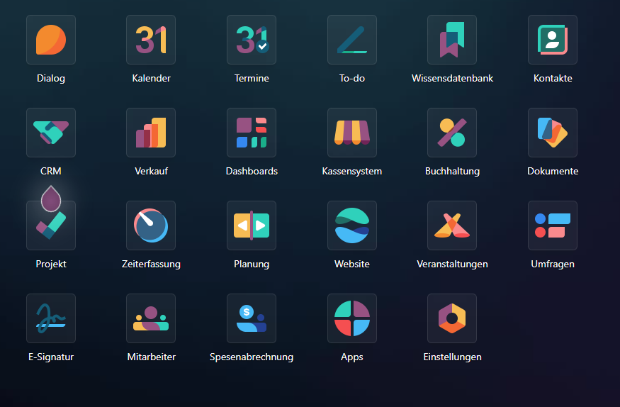 Odoo-Modul&uuml;bersicht mit CRM, Verkauf, Buchhaltung, Projekt und Lager
