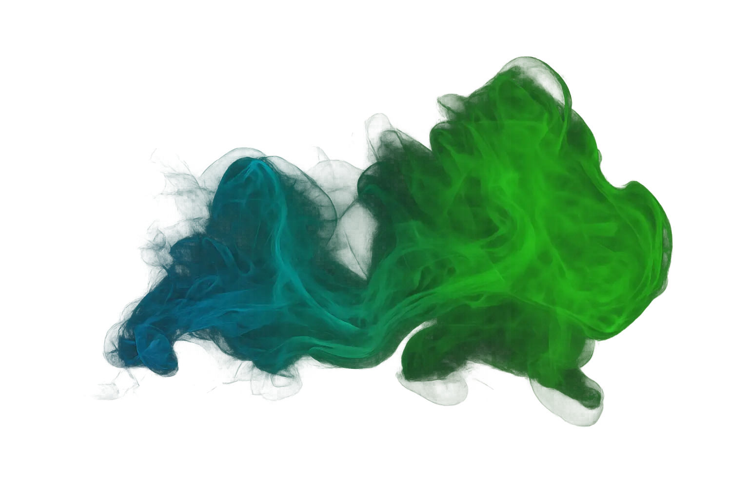 Transparente Rauchwolke mit fließendem Farbverlauf von Blau zu Grün, abstrakt und atmosphärisch