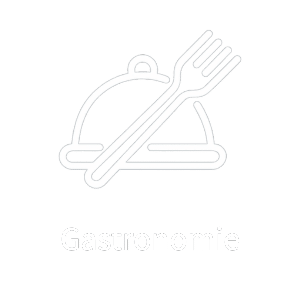 Weißes Gastronomie-Icon mit Glocke und Gabel auf schwarzem Hintergrund