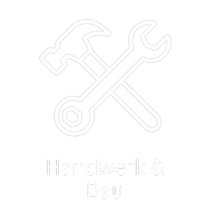 Weißes Handwerks-Icon mit Hammer und Schraubenschlüssel auf schwarzem Hintergrund