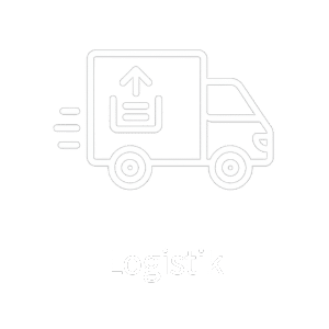 Weißes Logistik-Symbol: Lieferwagen mit Paket-Symbol und Bewegungslinien auf schwarzem Hintergrund