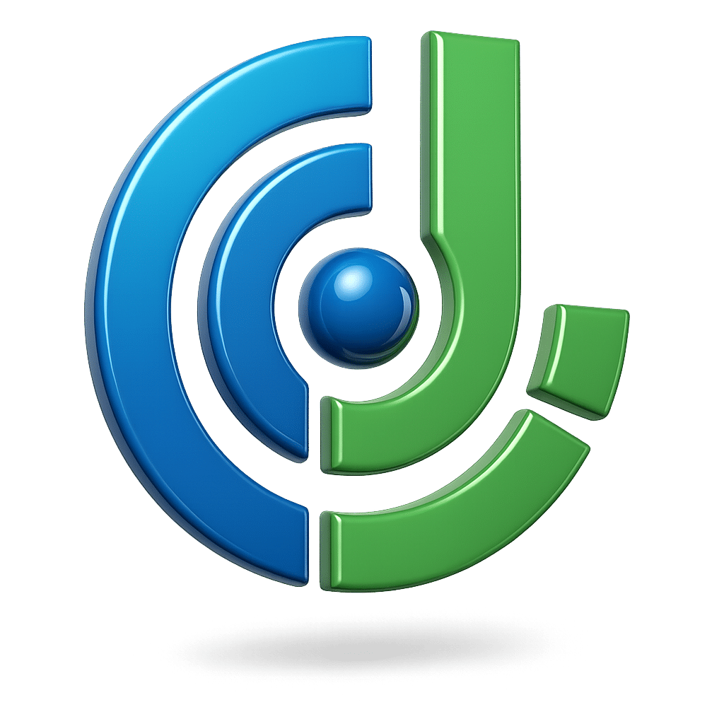 Logo der Entruencer UG in Blau und Grün mit stilisiertem Kugel-Mittelpunkt
