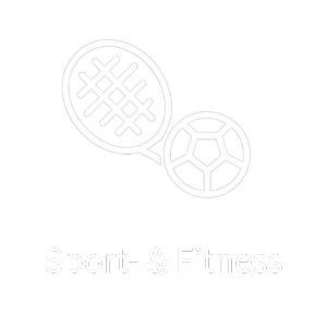 Weißes Sport-Icon mit Tennisschläger und Fußball auf schwarzem Hintergrund