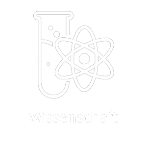 Weißes Wissenschafts-Icon mit Reagenzglas und Atommodell auf schwarzem Hintergrund